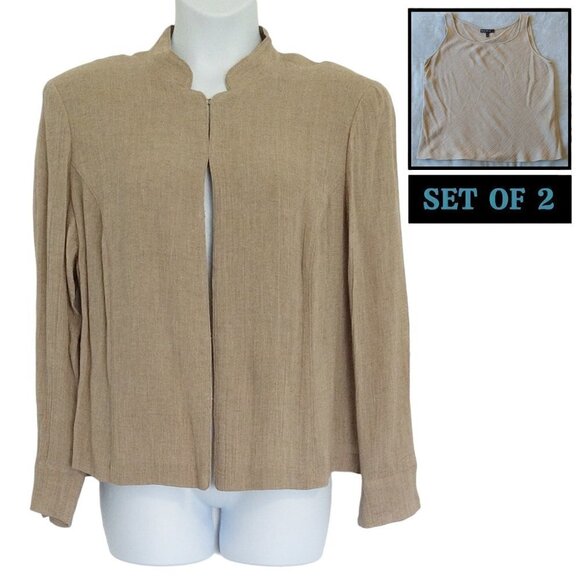 Lafayette 148 100% Linen Khaki Tan Lightweight Blazer Jacket & Tank Top Set of 2 - Picture 1 of 11